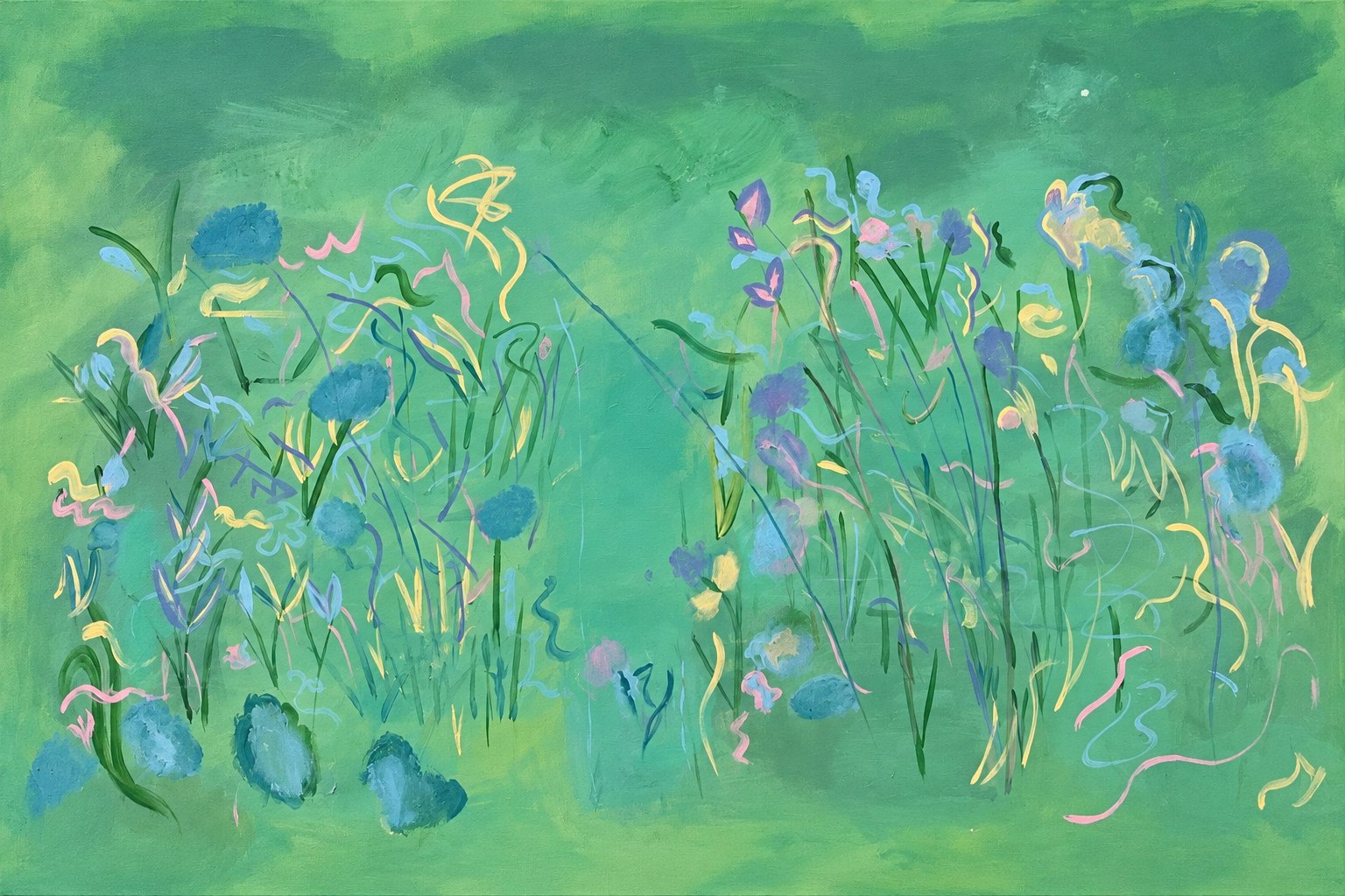 Untamed Spring, abstract green botanical painting with blue, pink and yellow flowers and gestural stems